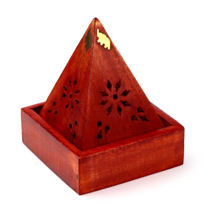 Arzător de conuri de tămâie - Piramidă cu Buddha Chinezesc - Lemn de Mango