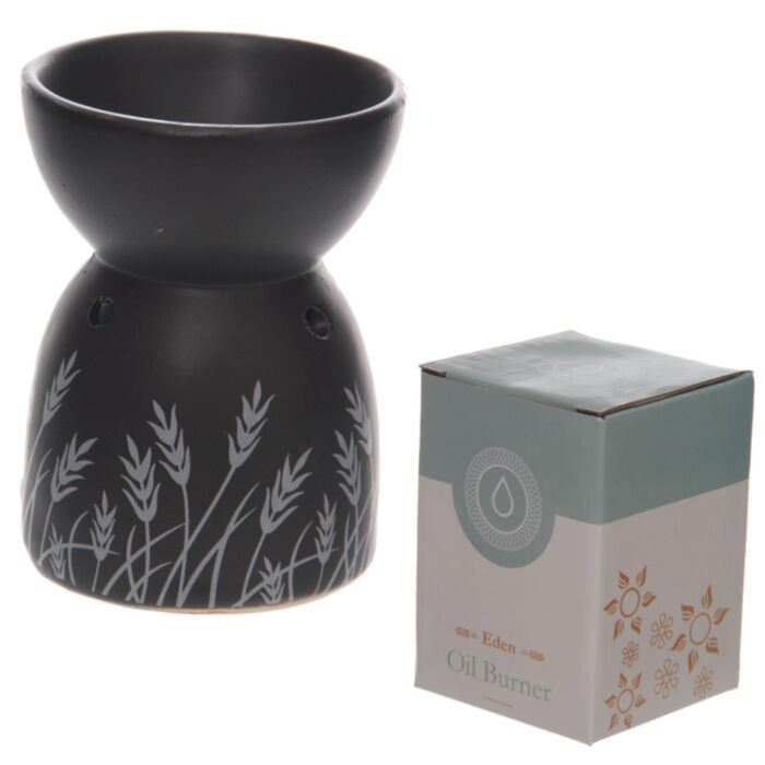 Arzător pentru Uleiuri și Ceară în Ceramică - Negru cu Flori albe