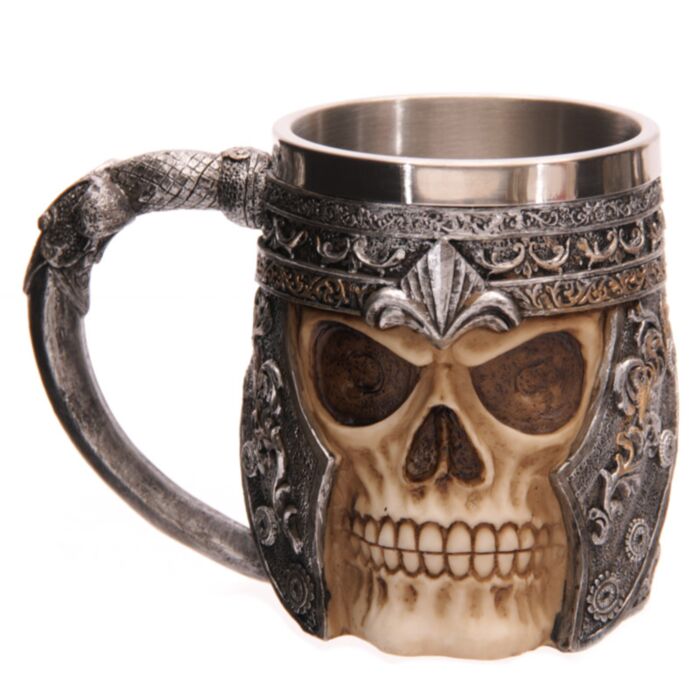 Cană Decorativă - Craniu cu Cască de Metal