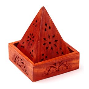 Arzător de conuri de tămâie - Piramidă cu Decorațiuni Florale - Lemn de Mango